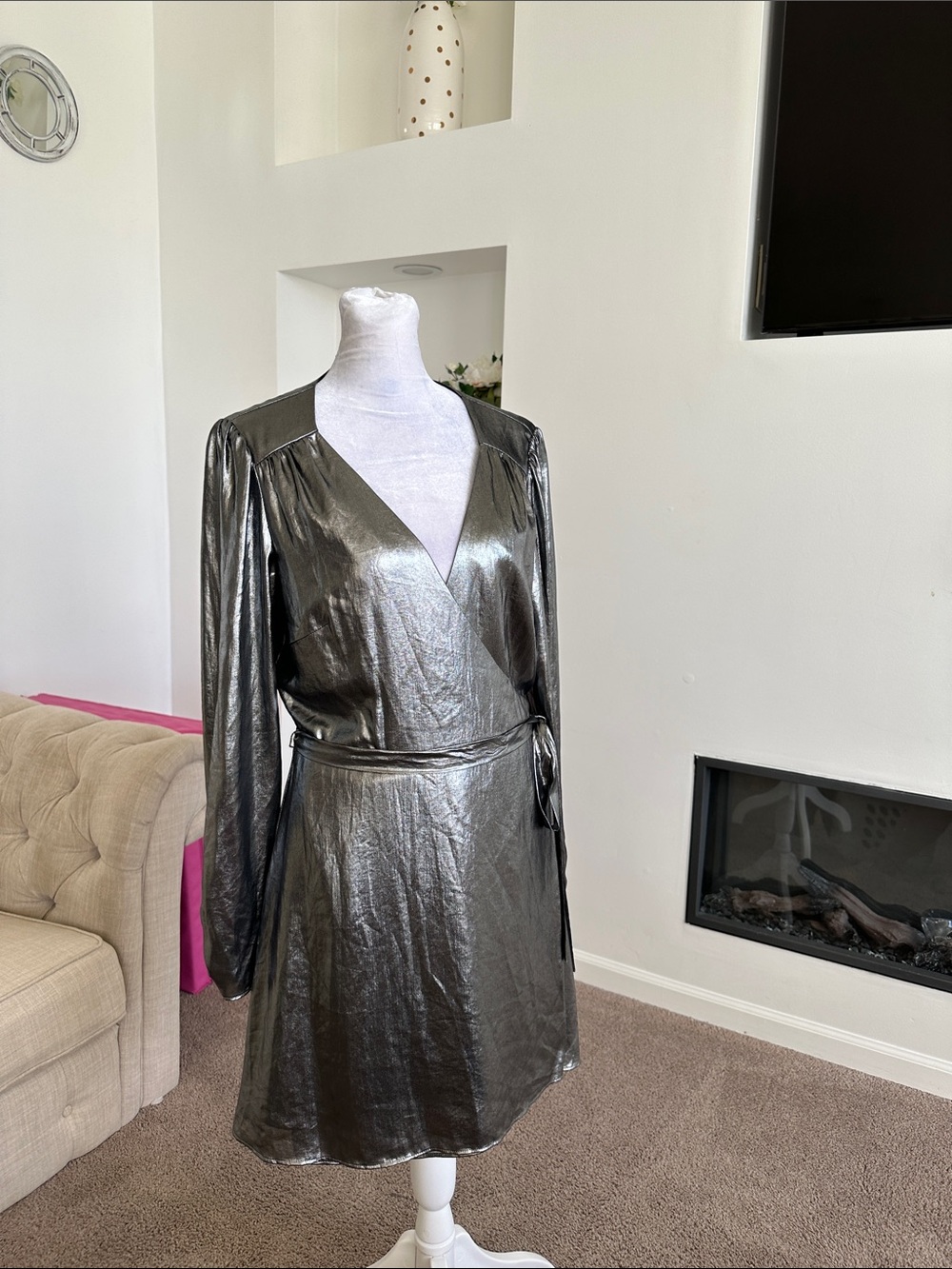 Gianni Bini Metallic Silver Wrap Long-Sleeve Dress